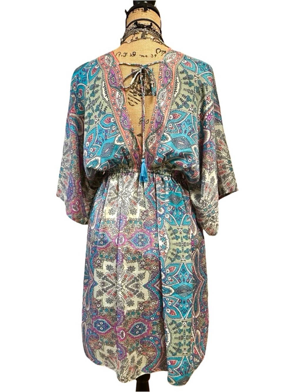 Festival Boho Paisley SHORT KIMONO STYLE DRESS - Teal Multi - OS - 70% SILK - Picture 6 of 17